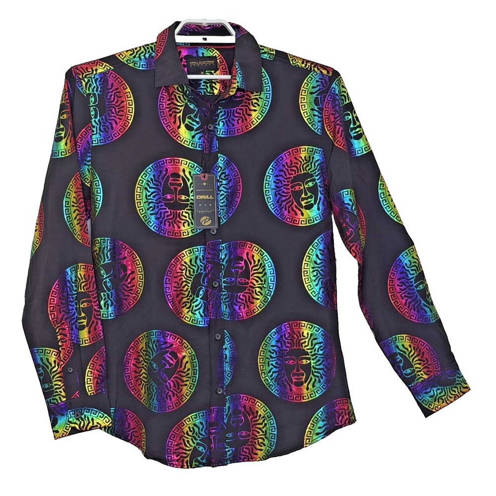 Drill Clothing Medusa Button Front Shirt Medium Black Multicolor Long Sleeve NEW